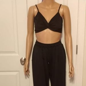 Two piece black crop set with wide leg pants